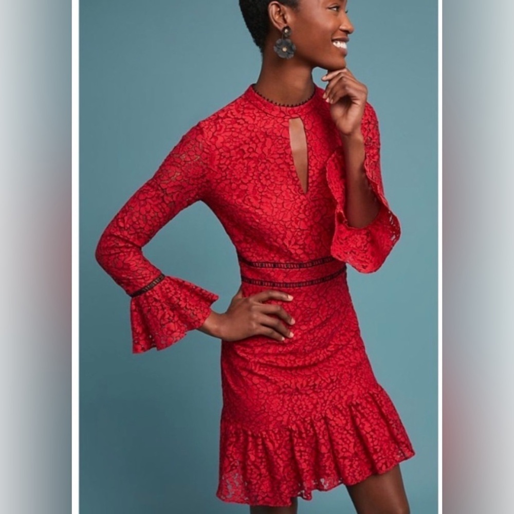 Shoshanna Romantic Red Lace Long Sleeve Keyhole Dress NWT Anthropologie